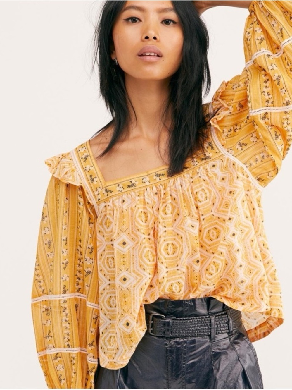 Free People Mostly Meadow Blouse Yellow Boho Peasant Top - Size XS Like New